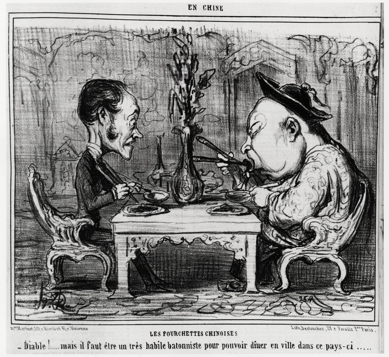 Chinesische Gabeln: „Teufel! aber man muss ein sehr geschickter Stabspieler sein, um in dieser Stadt essen zu können.“, in der Serie En Chine, Illustration von Honore Daumier (1808-1879), veröffentlicht in „Charivari“ von Honoré Daumier