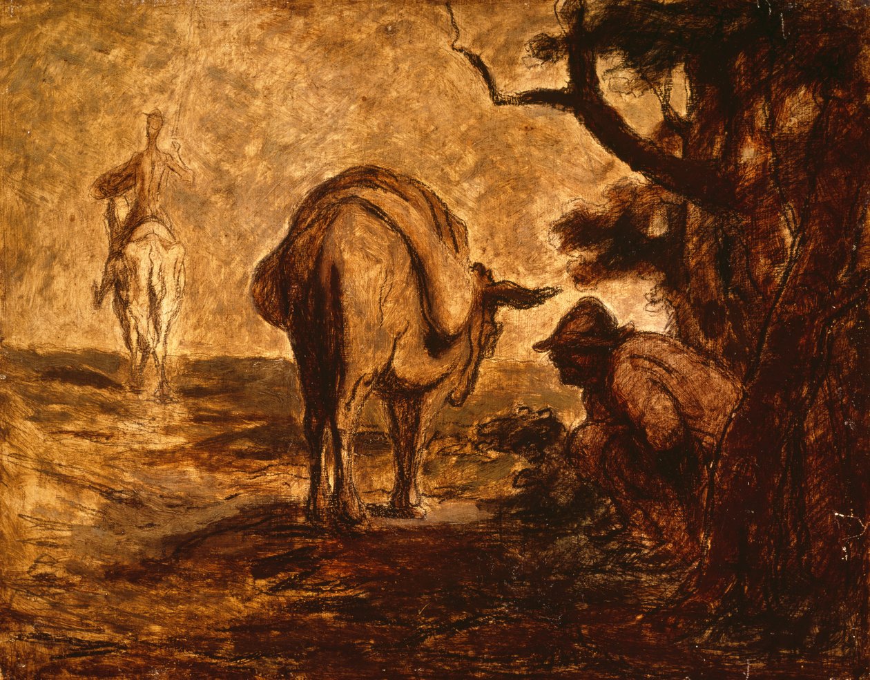 Don Quixote und Sancho Panza erleichtern sich, ca. 1855 von Honoré Daumier