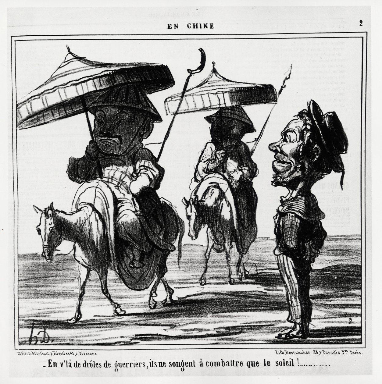 Diese lustigen Krieger denken nur daran, die Sonne zu bekämpfen. In der Serie En Chine, Illustration von Honore Daumier (1808-1879), veröffentlicht in „Charivari“, datiert 8. Januar von Honoré Daumier