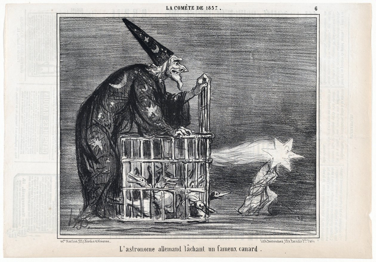 Der Komet von 1857, "Der deutsche Astronom lässt eine berühmte Ente los", aus Le Charivari, veröffentlicht 1858 von Honoré Daumier