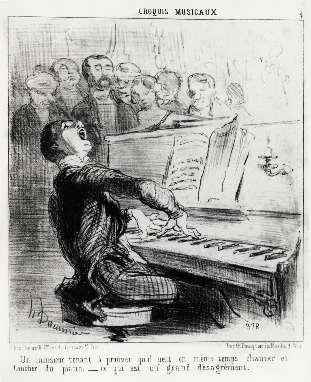 Musikalische Skizzen: ein Herr, der beweisen möchte, dass er gleichzeitig singen und Klavier spielen kann, was sehr unelegant ist. Illustration von Honore Daumier (1808-1879), veröffentlicht in „Charivari“, datiert 17. Februar 1852 von Honoré Daumier