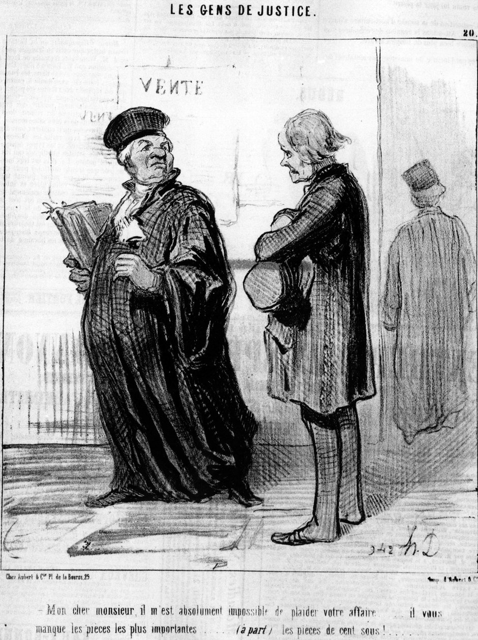 Mein lieber Herr, es ist absolut unmöglich für mich, Ihrem Geschäft zu gefallen... Ihnen fehlen die wichtigsten Teile... (nebenbei) die Münzen!... , aus der Serie „Gens de Justice“, Karikaturen über die Justiz von Honore Daumier (1808-1879). „Charivari“ von Honoré Daumier