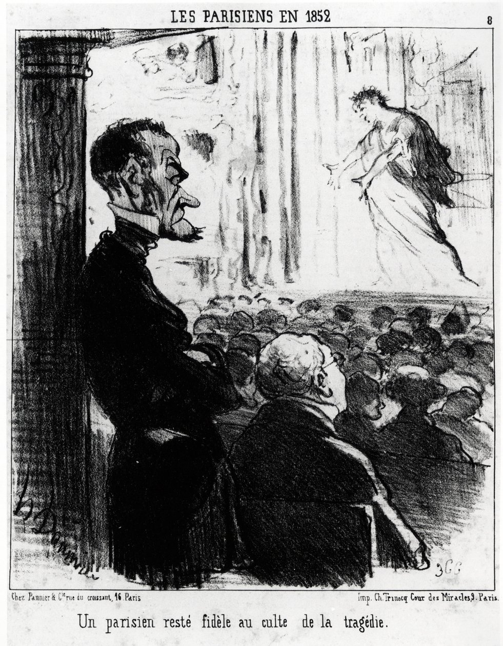 Pariser im Jahr 1852: ein Pariser bleibt dem Kult der Tragödien treu. Illustration von Honoré Daumier (1808-1879), veröffentlicht in Charivari, datiert 26. Januar 1852 von Honoré Daumier