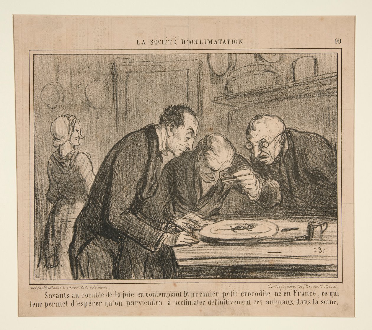 Gelehrte in höchster Freude beim Betrachten des ersten kleinen Krokodils von Honoré Daumier