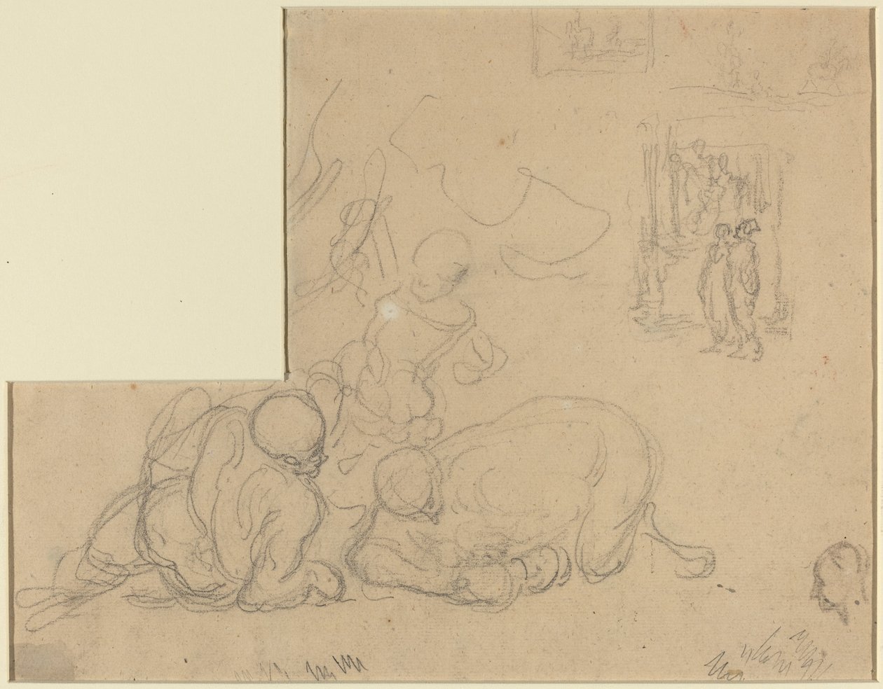 Blatt mit Studien von zwei großen Männern auf dem Boden von Honoré Daumier