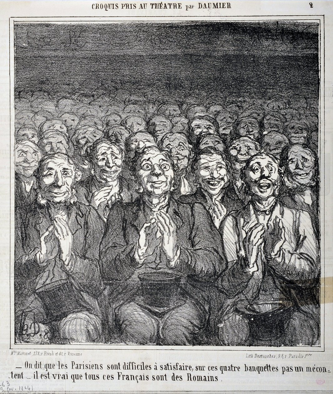 Skizze im Theater: Es wird gesagt, dass Pariser schwer zufrieden zu stellen sind, auf diesen vier Bänken kein Unzufriedener, es ist wahr, dass all diese Franzosen Römer sind. Gravur von Honore Daumier in Le Charivari. Palais Longchamp, Musee des Beaux Arts von Honoré Daumier