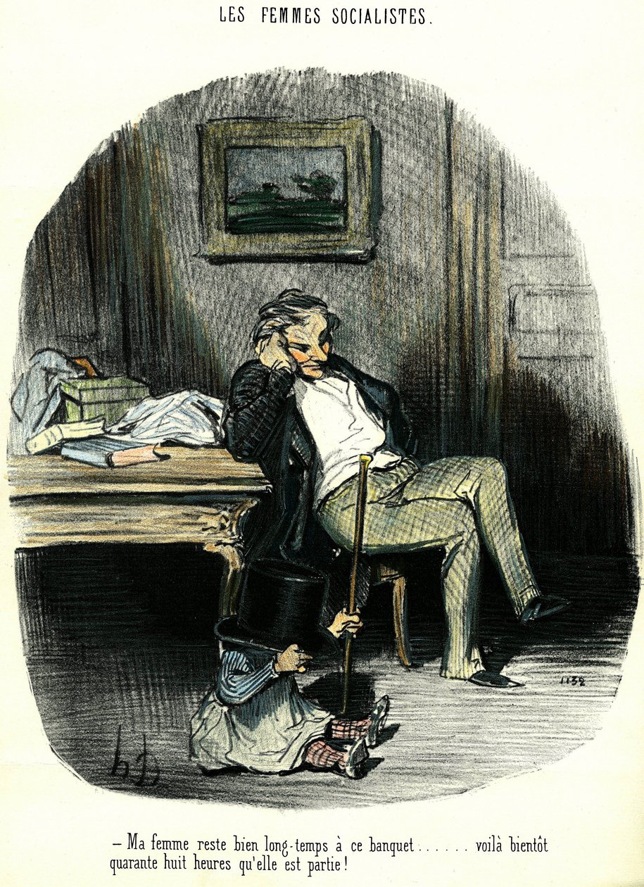Sozialistische Frauen. Antifeministische Karikatur, die einen Mann mit seinem Kind zeigt, der auf seine seit zwei Tagen vermisste Frau wartet. Lithografie von Honoré Daumier (1808-1879) 19. Jahrhundert Private Sammlung von Honoré Daumier