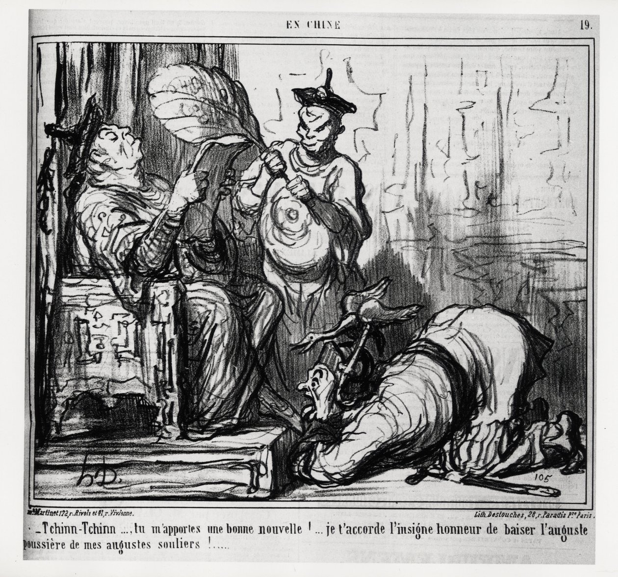 Tchinn Tchinn... Du bringst mir gute Nachrichten! Ich gewähre dir die große Ehre, den erhabenen Staub meiner erhabenen Schuhe zu küssen. In der Serie En Chine, Illustration von Honore Daumier (1808-1879), veröffentlicht in „Charivari“, datiert 7. Dezember von Honoré Daumier