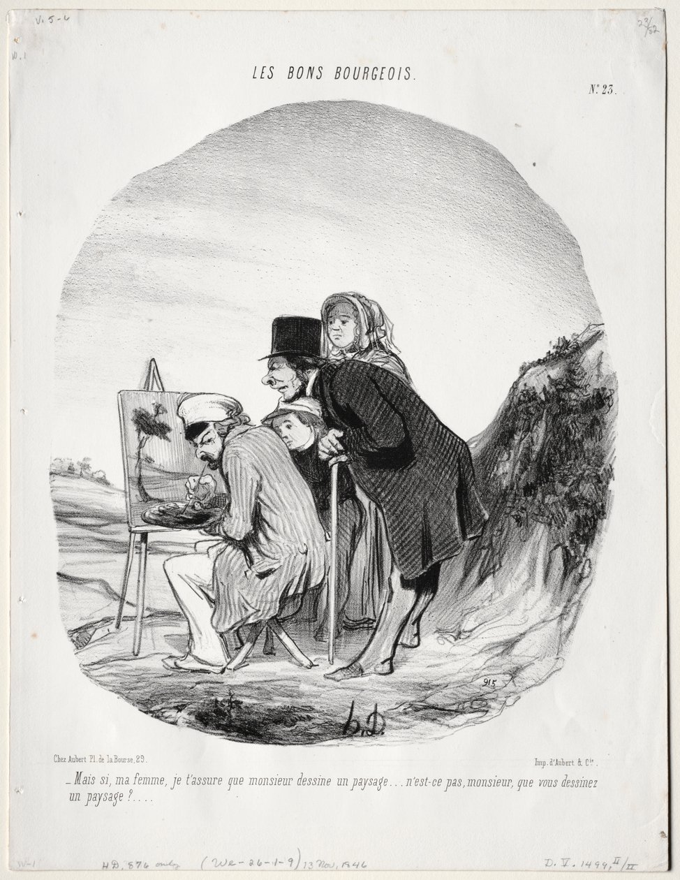Der gute Bürger, Tafel 23: "Aber ja, meine Liebe, ich versichere dir, dass dieser Herr eine Landschaft zeichnet...ist es nicht so, Herr, dass Sie eine Landschaft zeichnen?" von Honoré Daumier