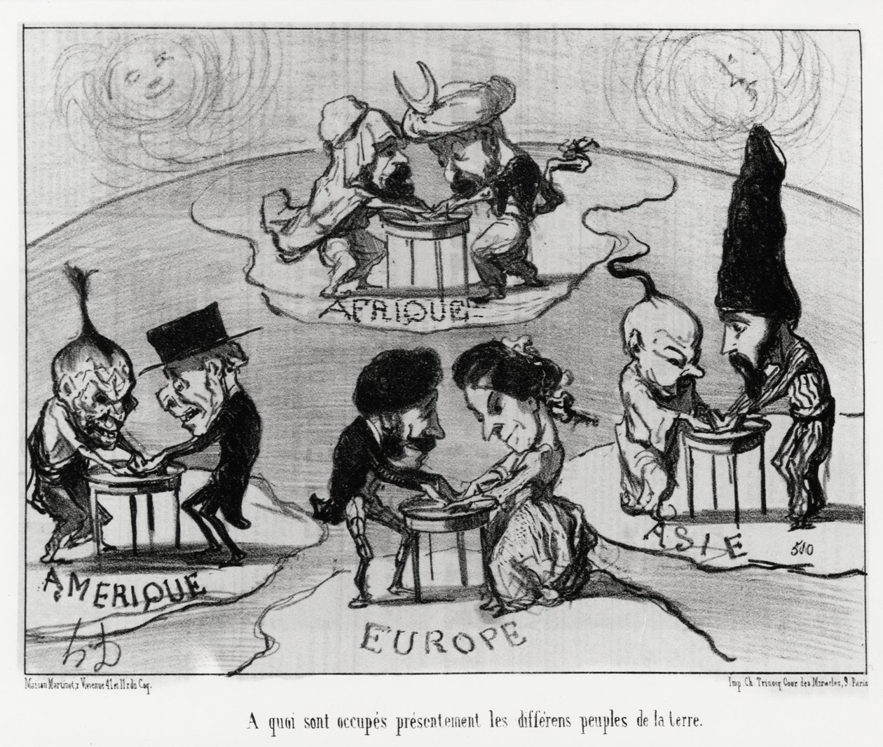 Tischdrehen (Fluidomanie): womit sich die verschiedenen Völker der Erde derzeit beschäftigen. Illustration von Honore Daumier (1808-1879), veröffentlicht in den Nachrichten, „Charivari“, datiert 22. Juni von Honoré Daumier