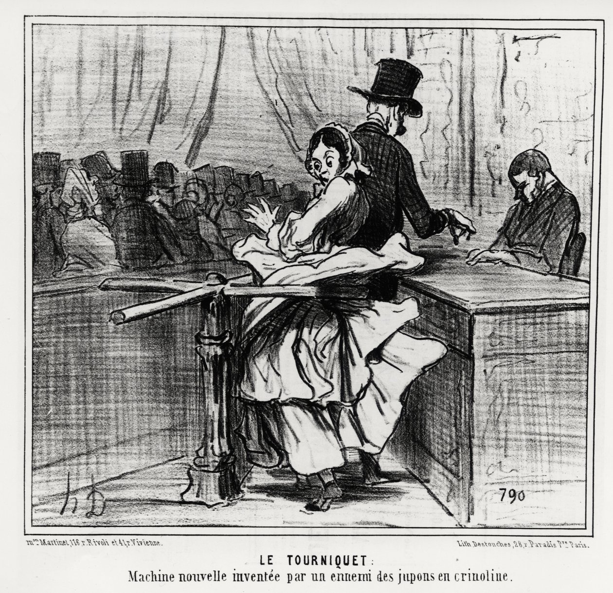 Weltausstellung: das Drehkreuz: eine neue Maschine, erfunden von einem Feind der Reifröcke. Illustration von Honore Daumier (1808-1879), veröffentlicht in den Nachrichten, „Charivari“, datiert 26. Juni 1855 von Honoré Daumier