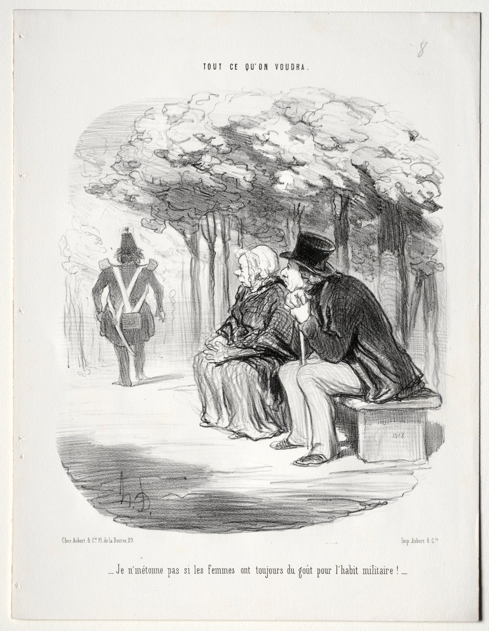 Was du willst, Tafel 51: Ich wundere mich nicht, dass Frauen immer die Militäruniform mögen? von Honoré Daumier