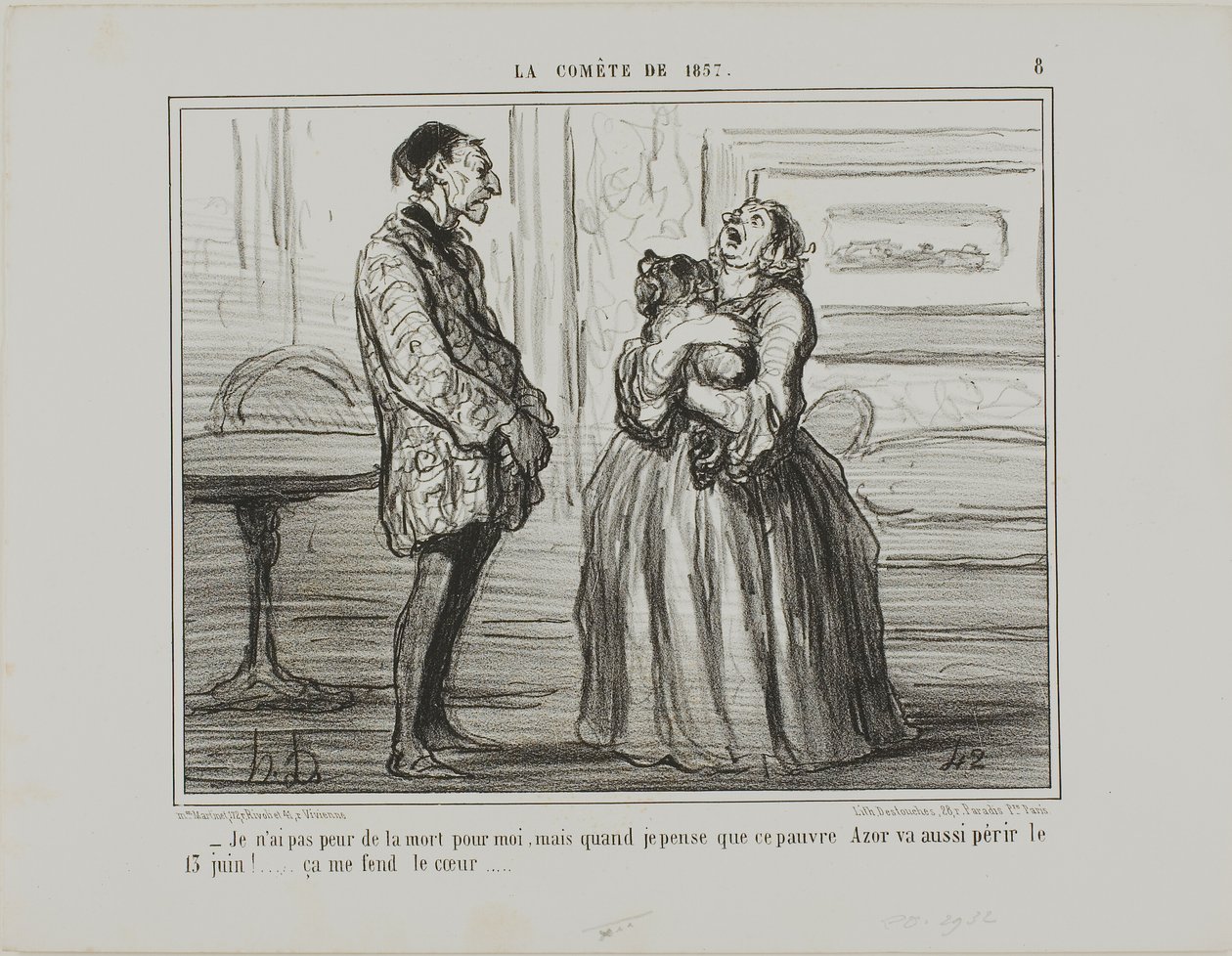 „- Ich habe keine Angst um mich, aber wenn ich an den armen Azor denke, der am 13. Juni sterben wird... es bricht mir einfach das Herz,“ Platte 8 aus La Comète De 1857 von Honoré Victorin Daumier