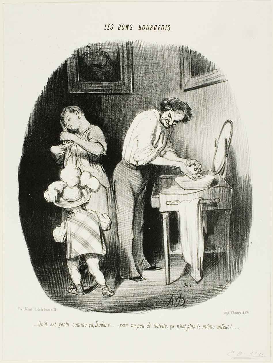 „- Ist er nicht süß so, Dodore... mit ein wenig Aufräumen ist er einfach nicht mehr dasselbe Kind!...“, Platte 37 aus Les Bons Bourgeois von Honoré Victorin Daumier