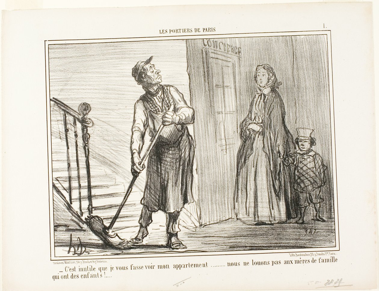 „- Es ist sinnlos, Ihnen meine Wohnung zu zeigen. Wir vermieten nicht an Mütter mit Kindern,“ Platte 1 aus Les Portiers De Paris von Honoré Victorin Daumier