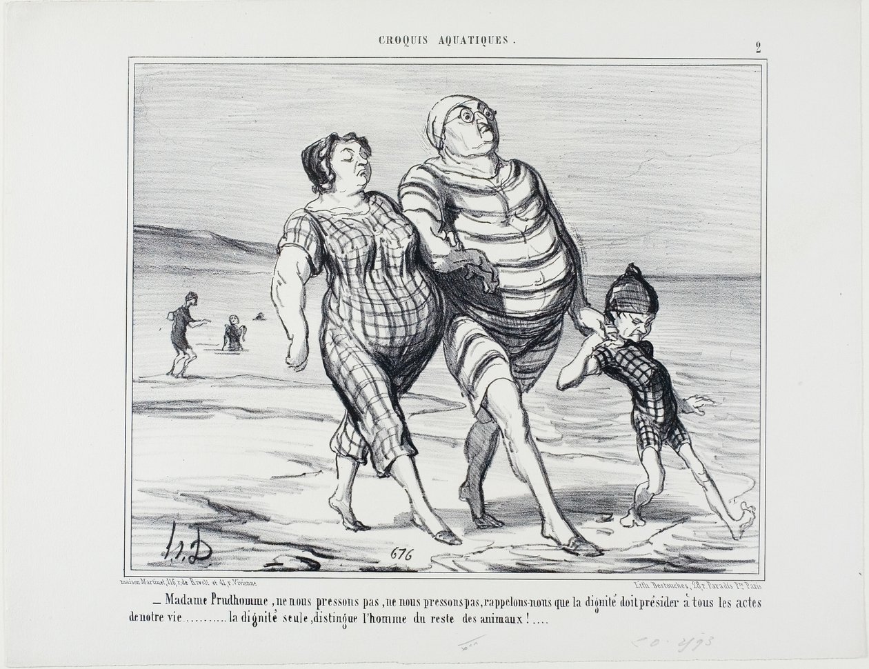 „- Madame Prudhomme, lassen Sie uns nicht eilen, erinnern wir uns daran, dass Würde über alle Lebensakte herrschen sollte... Würde allein unterscheidet den Menschen von den übrigen Tieren,“ Tafel 2 aus Croquis Aquatiques von Honoré Victorin Daumier