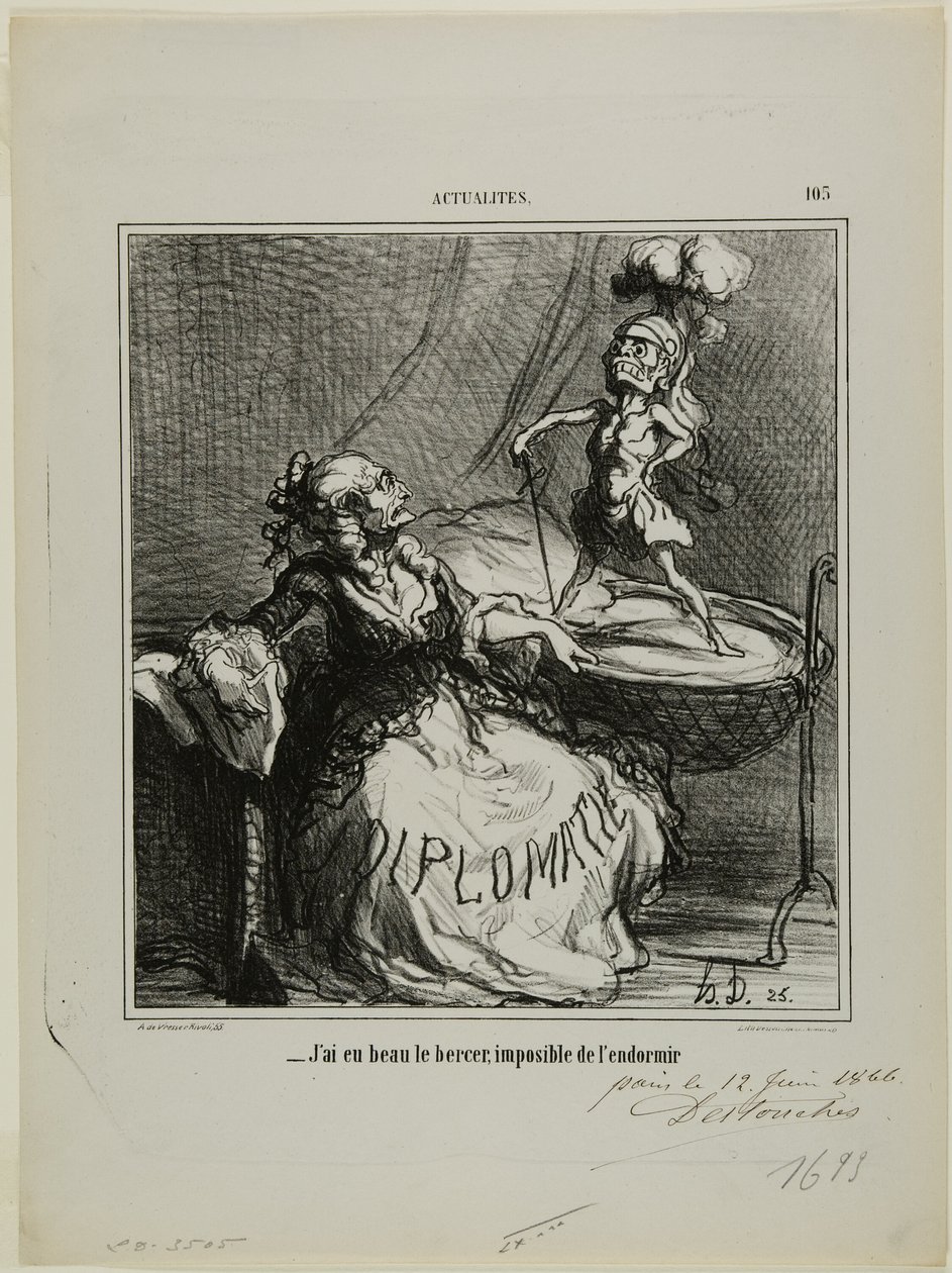 „- Egal wie sehr ich ihn wiege, es ist unmöglich, ihn zum Einschlafen zu bringen,“ Platte 105 aus Actualités von Honoré Victorin Daumier