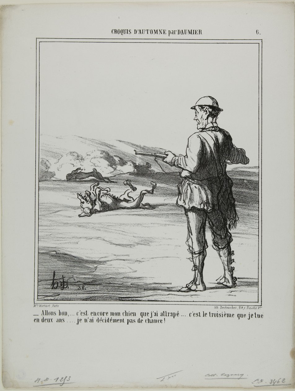 „- Oh Mist! .... es ist wieder mein eigener Hund, den ich erschossen habe..... das ist der dritte in zwei Jahren.... Ich habe wirklich kein Glück beim Jagen!“, Platte 6 aus Croquis D