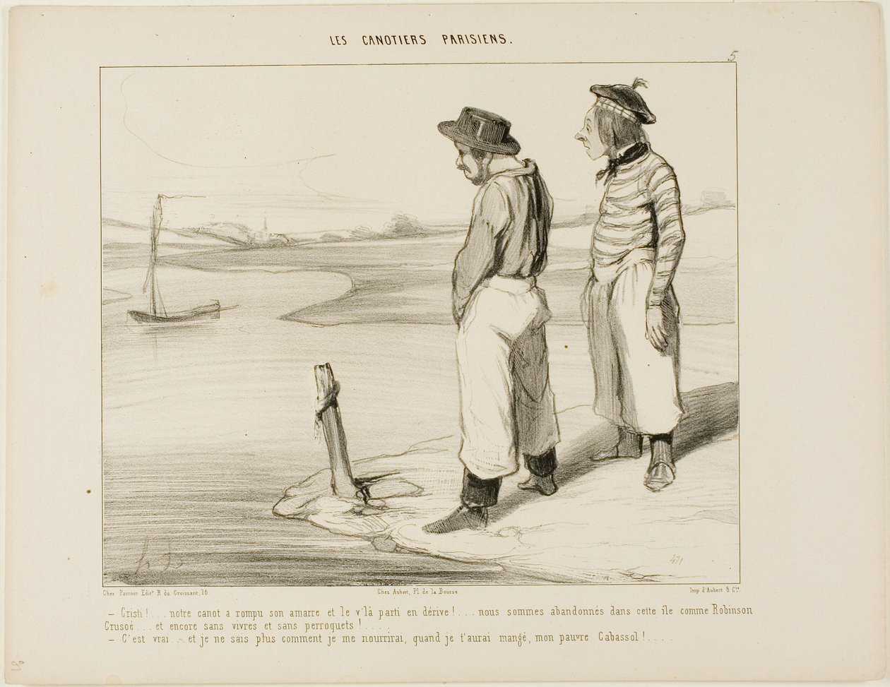 Unser Boot hat den Anker gelichtet und ist weggedriftet... wir sind auf dieser einsamen Insel wie Robinson Crusoe gestrandet... und ohne etwas zu essen und keinen Papagei... - Das stimmt... und ich weiß wirklich nicht, was ich essen soll, wenn ich dich, ar von Honoré Victorin Daumier