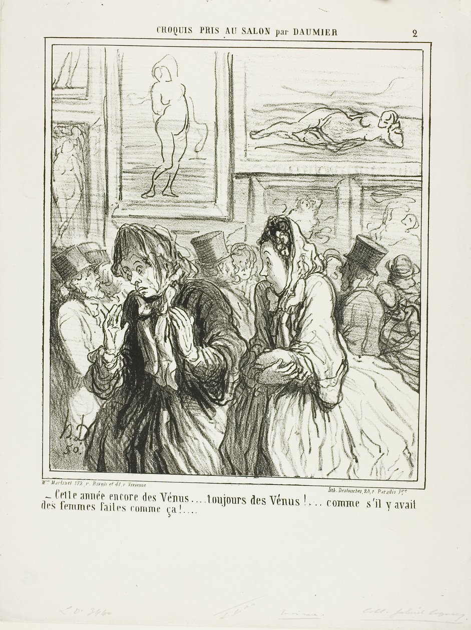 „- Noch mehr Venusfiguren dieses Jahr... immer Venusfiguren!... als ob es Frauen gäbe, die so gebaut sind!“, Platte 2 aus Croquis Pris Au Salon par Daumier von Honoré Victorin Daumier