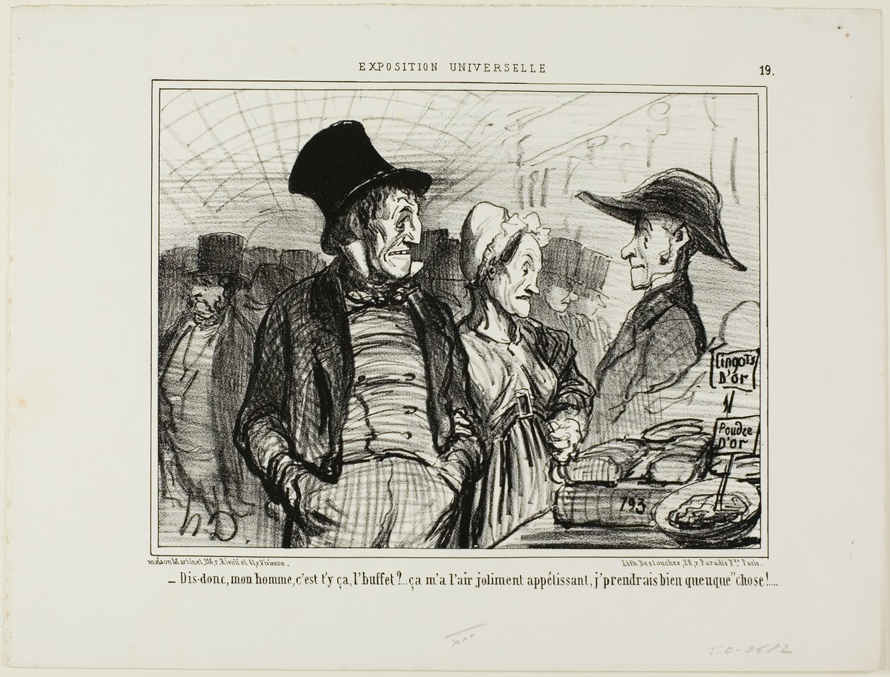"- Sagen Sie mir, mein guter Mann, ist dies das Buffet?... es sieht für mich ziemlich appetitlich aus, ich hätte nichts dagegen, etwas zu haben...", Tafel 19 aus L