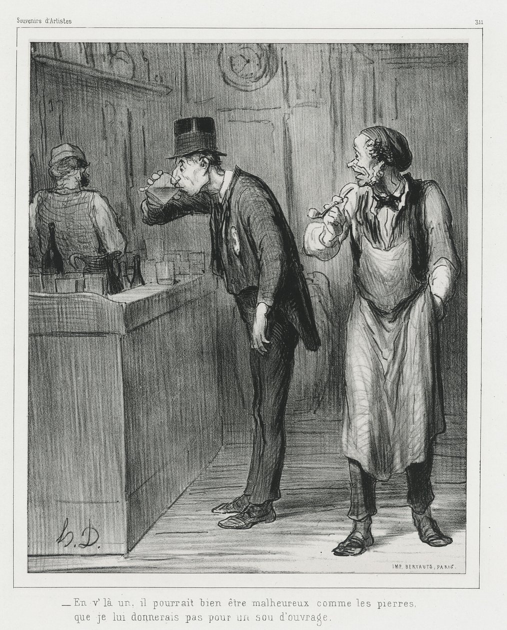 „- Dieser hier mag so unglücklich wie ein Stein aussehen, bevor ich ihm einen Job gebe“, Platte 311 aus Souvenirs d’artistes von Honoré Victorin Daumier