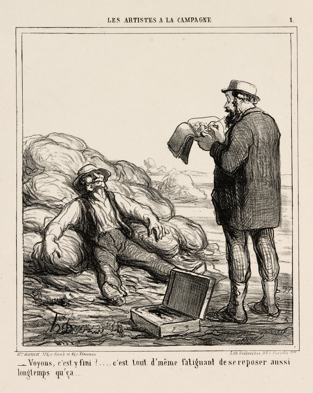 „- Nun, bist du endlich fertig?... schließlich ist es ermüdend, sich so lange zu entspannen“, Platte 1 aus Les Artistes A La Campagne von Honoré Victorin Daumier