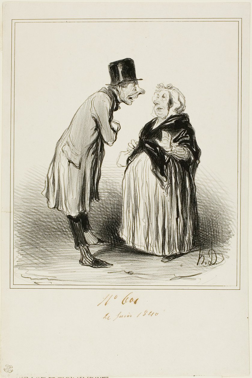 „- Nun ja, es stimmt, die Tochter von Mame Chopin hat gestern den Sohn von Durand geheiratet. Ich habe gerade mit dem jungen Mann gesprochen und nach dem, was er mir (im vollen Vertrauen) erzählt hat, muss sie vor ihm einige seltsame gehabt haben…,“ Tafel  von Honoré Victorin Daumier