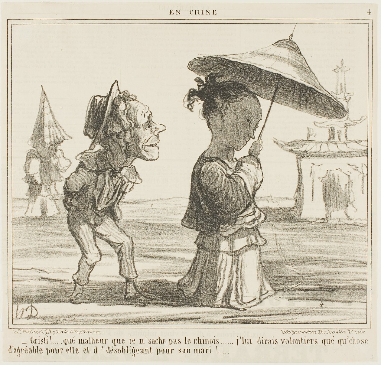 „- Schade, dass ich kein Chinesisch spreche... ich würde ihr gerne etwas Nettes sagen und ihrem Mann etwas ziemlich Unfreundliches,“ Platte 4 aus En Chine von Honoré Victorin Daumier