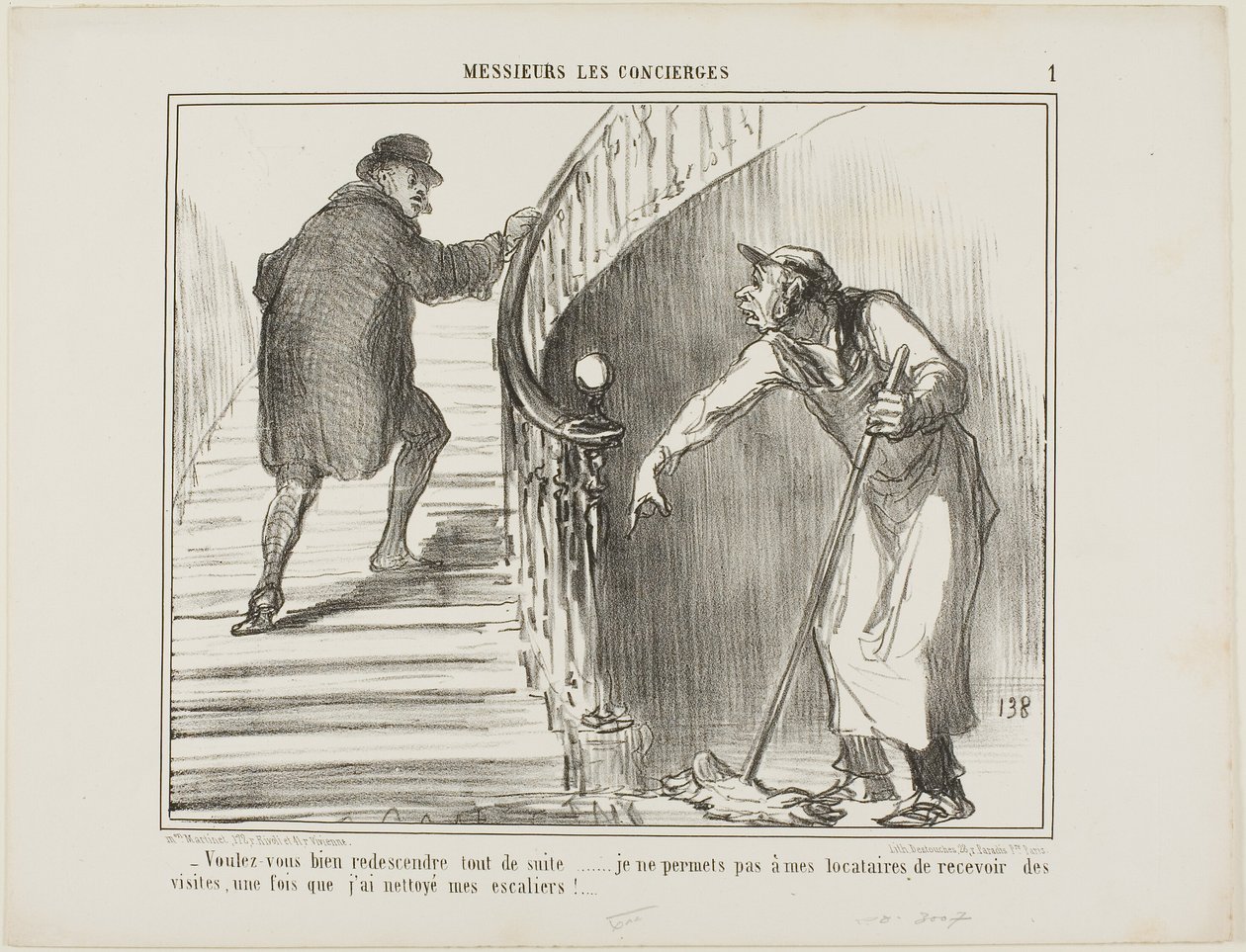 „- Würden Sie bitte sofort zurückkommen... Ich erlaube meinen Mietern nicht, Besucher zu empfangen, nachdem ich die Treppe gereinigt habe,“ Platte 1 aus Messieurs Les Concierges von Honoré Victorin Daumier