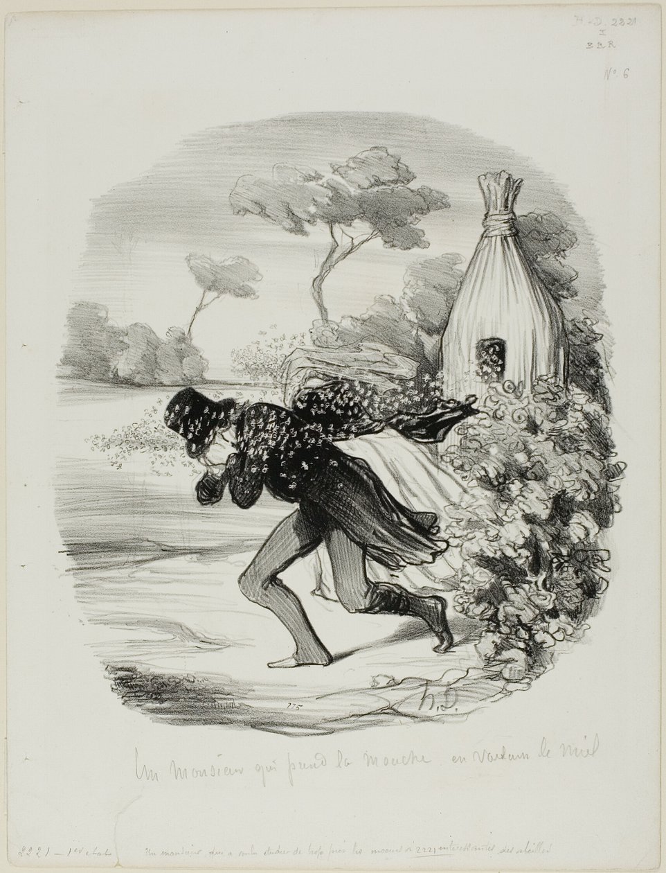 Ein Herr, der die Gewohnheiten der Bienen zu genau studieren wollte, Platte 6 aus Pastorales von Honoré Victorin Daumier