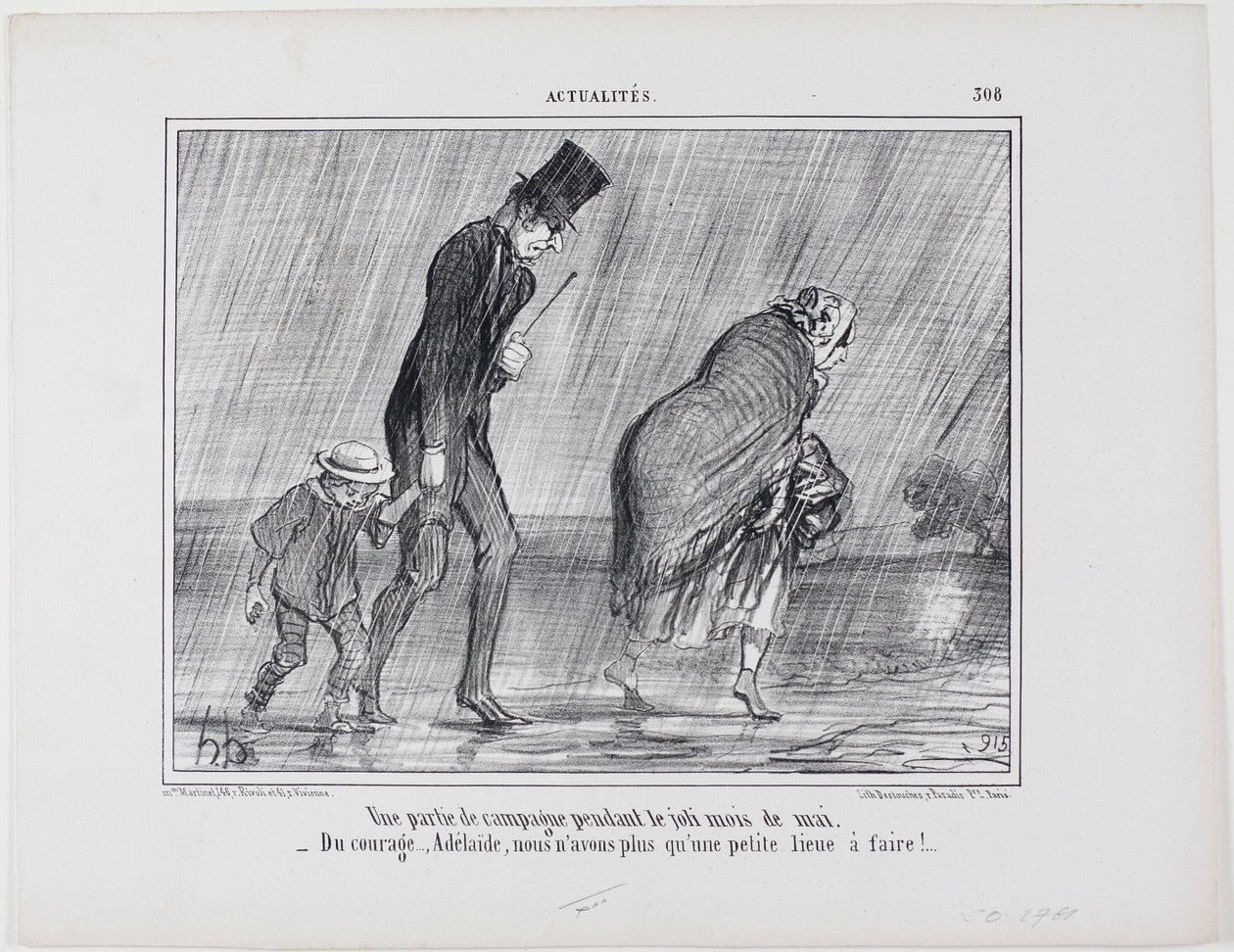 Ein Landausflug im schönen Monat Mai. „– Mut... Adelaïde, es ist nur noch eine Meile zu gehen“, Platte 308 aus Actualités von Honoré Victorin Daumier