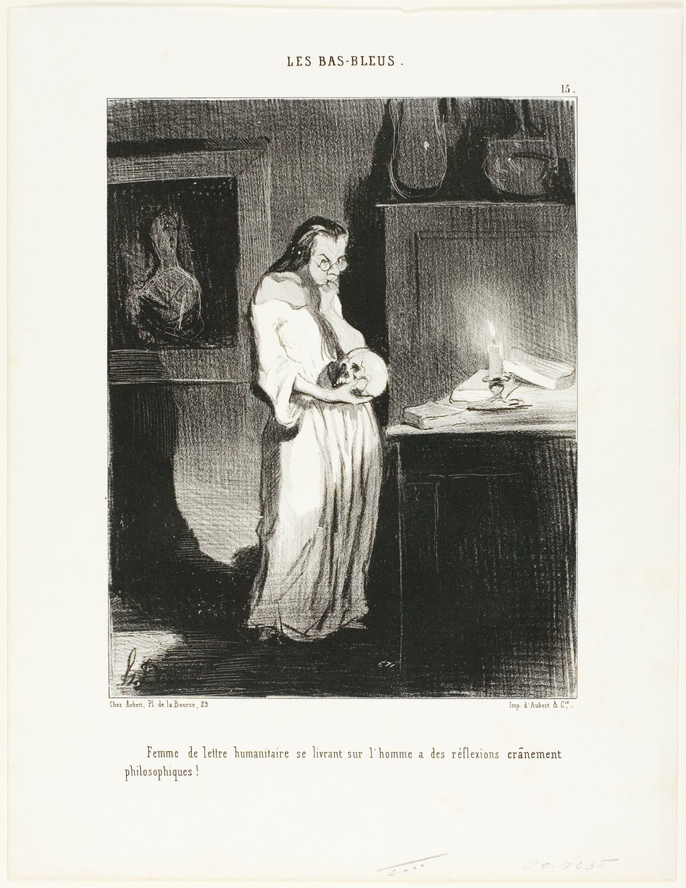 Eine humanistische Frau der Briefe, die sich den philosophischen Reflexionen über den Menschen hingibt!, Platte 15 aus Les Bas-Bleus von Honoré Victorin Daumier