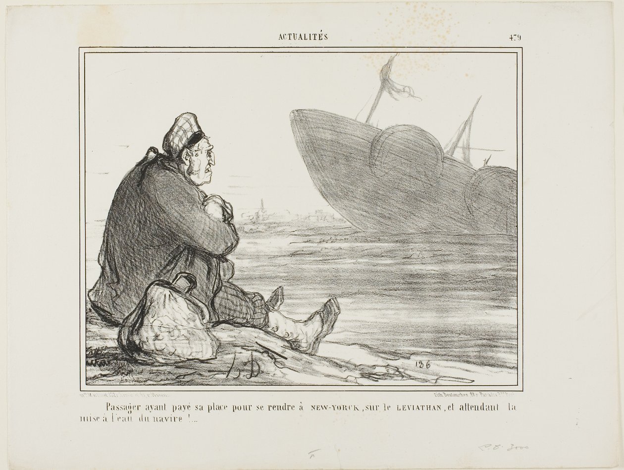 Ein Passagier, der sein Ticket nach NEW YORK auf der LEVIATHAN bezahlt hat, wartet darauf, dass das Schiff endlich ins Wasser gesetzt wird, Tafel 479 aus Actualités von Honoré Victorin Daumier