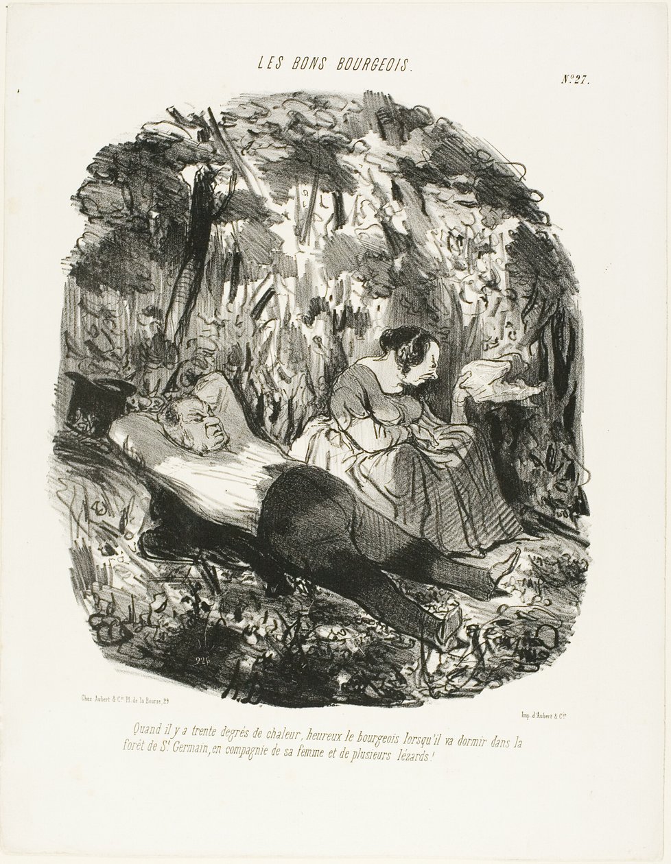 Bei 30°C, glücklich derjenige, der entkommen und im Wald von Saint-Germain mit seiner Frau und ein paar Eidechsen dösen kann, Tafel 27 aus Les Bons Bourgeois von Honoré Victorin Daumier