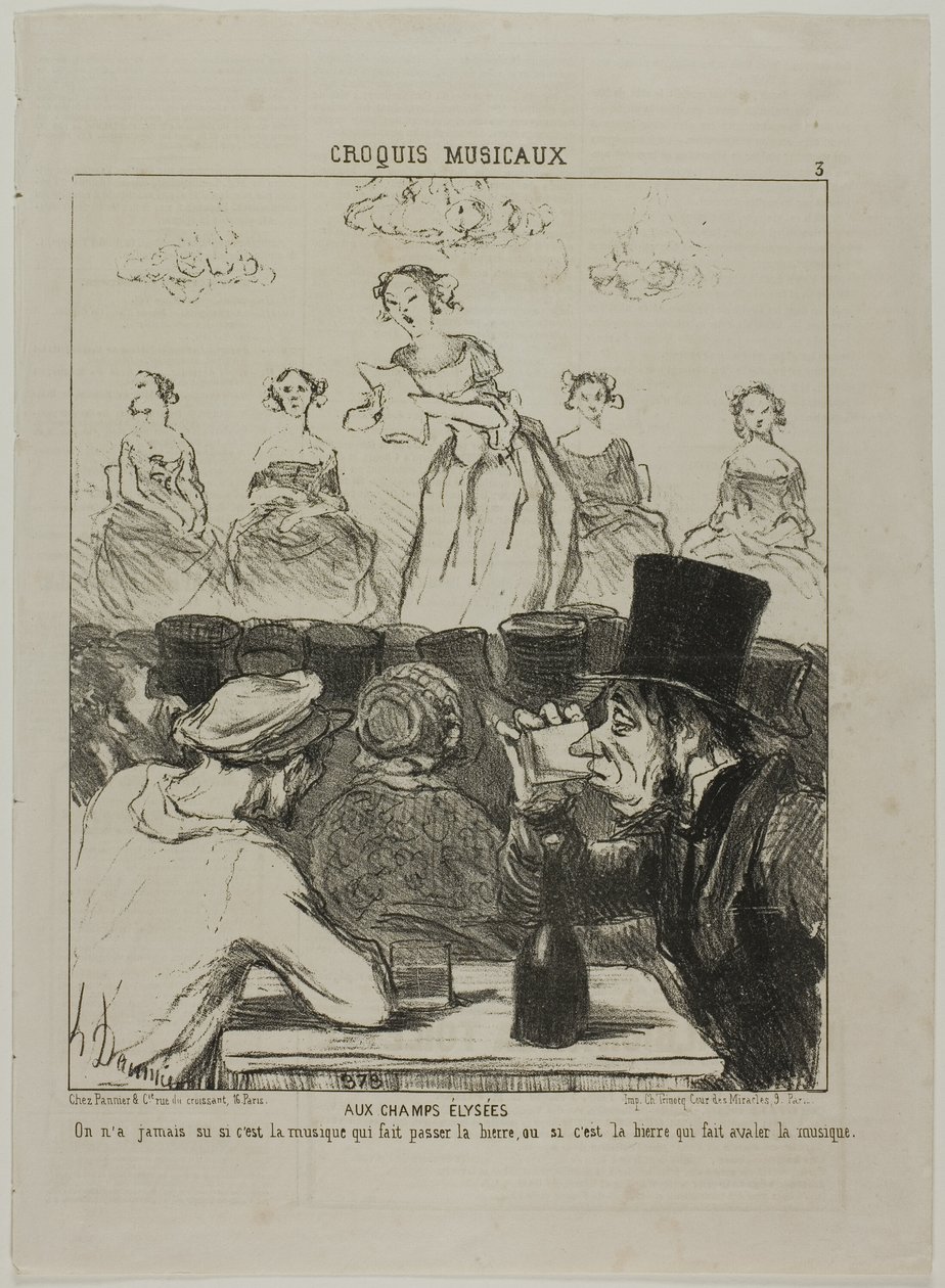 Auf den Champs-Elysées. Es war nie ganz klar, ob die Musik das Bier hinuntergehen lässt oder das Bier, das die Musik schlucken lässt, Platte 3 aus Croquis Musicaux von Honoré Victorin Daumier