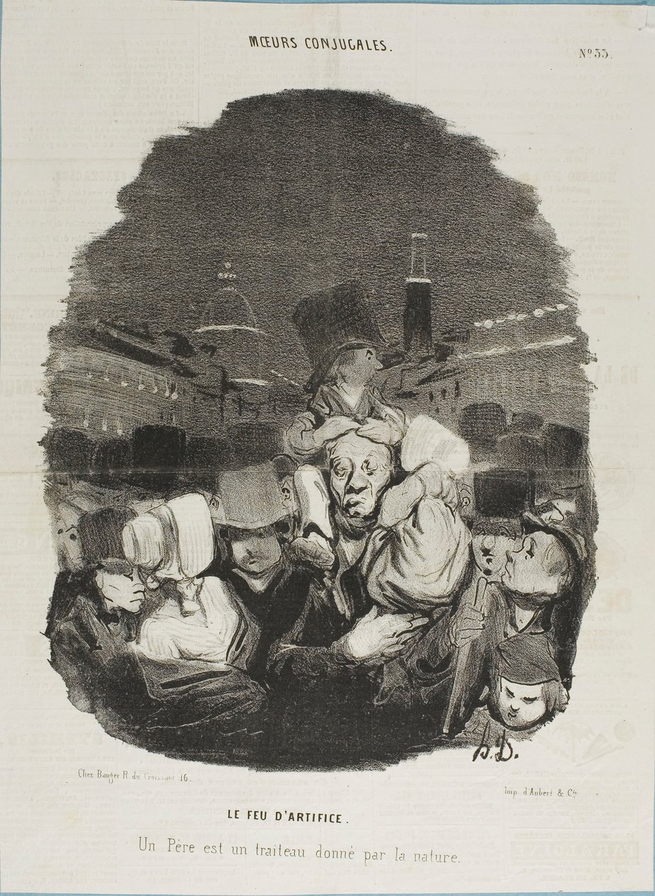 Beim Feuerwerk. Ein Vater ist ein Arbeitspferd, von der Natur bereitgestellt, Platte 33 aus Moeurs Conjugales und Platte 14 in Actualités von Honoré Victorin Daumier