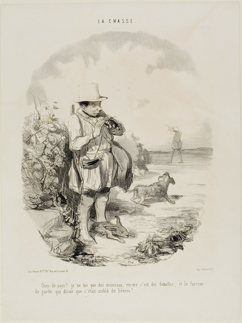 „Verdammtes Land! Ich schieße nur auf Spatzen... und nur Weibchen... und dieser geniale Wächter bestand darauf, dass der Ort voller Kaninchen ist,“ Platte 5 aus La Chasse von Honoré Victorin Daumier