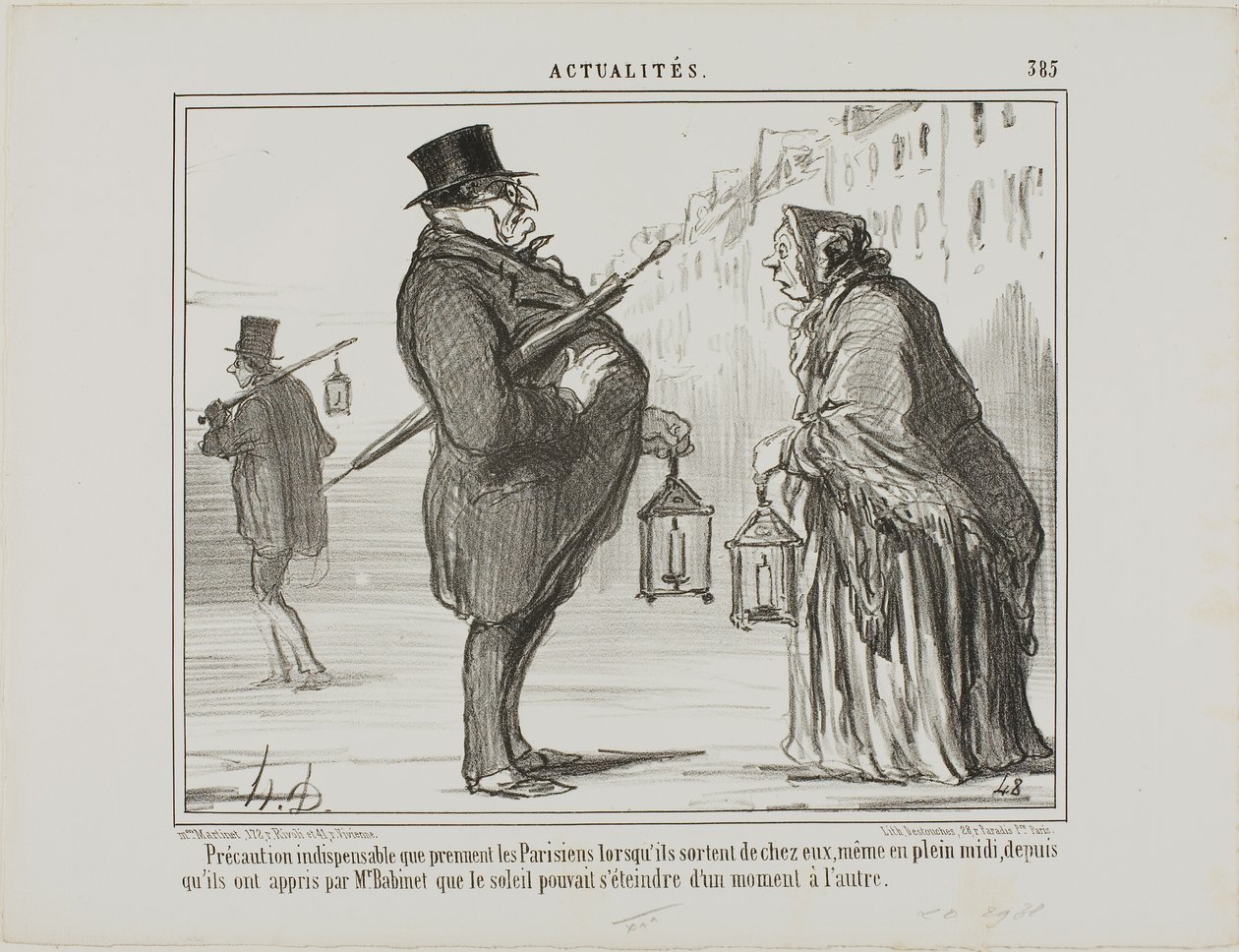 Seit Herr Babinet angekündigt hatte, dass die Sonne von einem Moment auf den anderen verschwinden könnte, treffen die Pariser alle notwendigen Vorkehrungen, selbst am Mittag, Platte 385 aus Actualités von Honoré Victorin Daumier