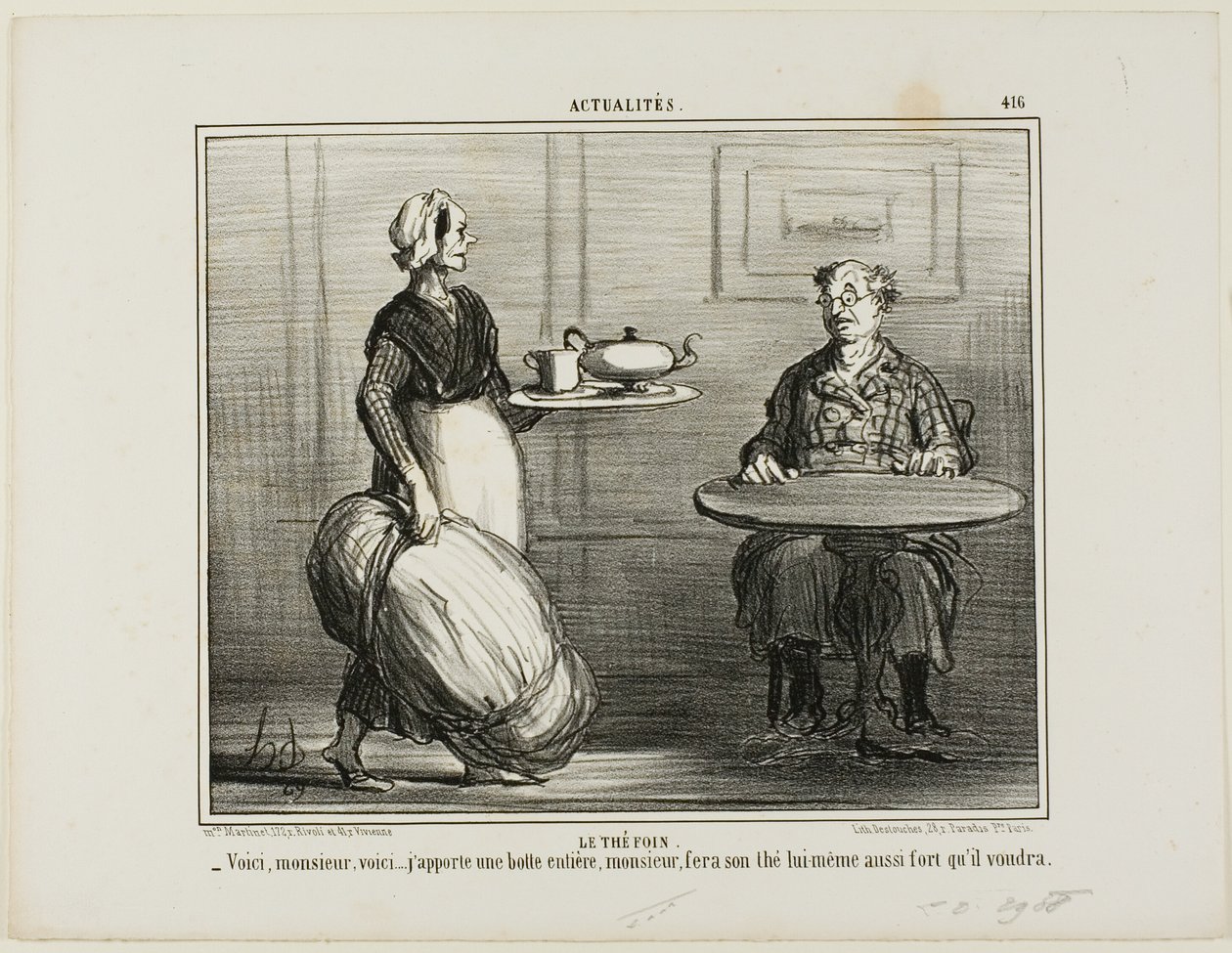 Kräutertee. „- Hier, Monsieur, ich dachte, ich bringe gleich das ganze Heubündel mit, damit Sie selbst über die Stärke Ihres Tees entscheiden können,“ Platte 416 aus Actualités von Honoré Victorin Daumier