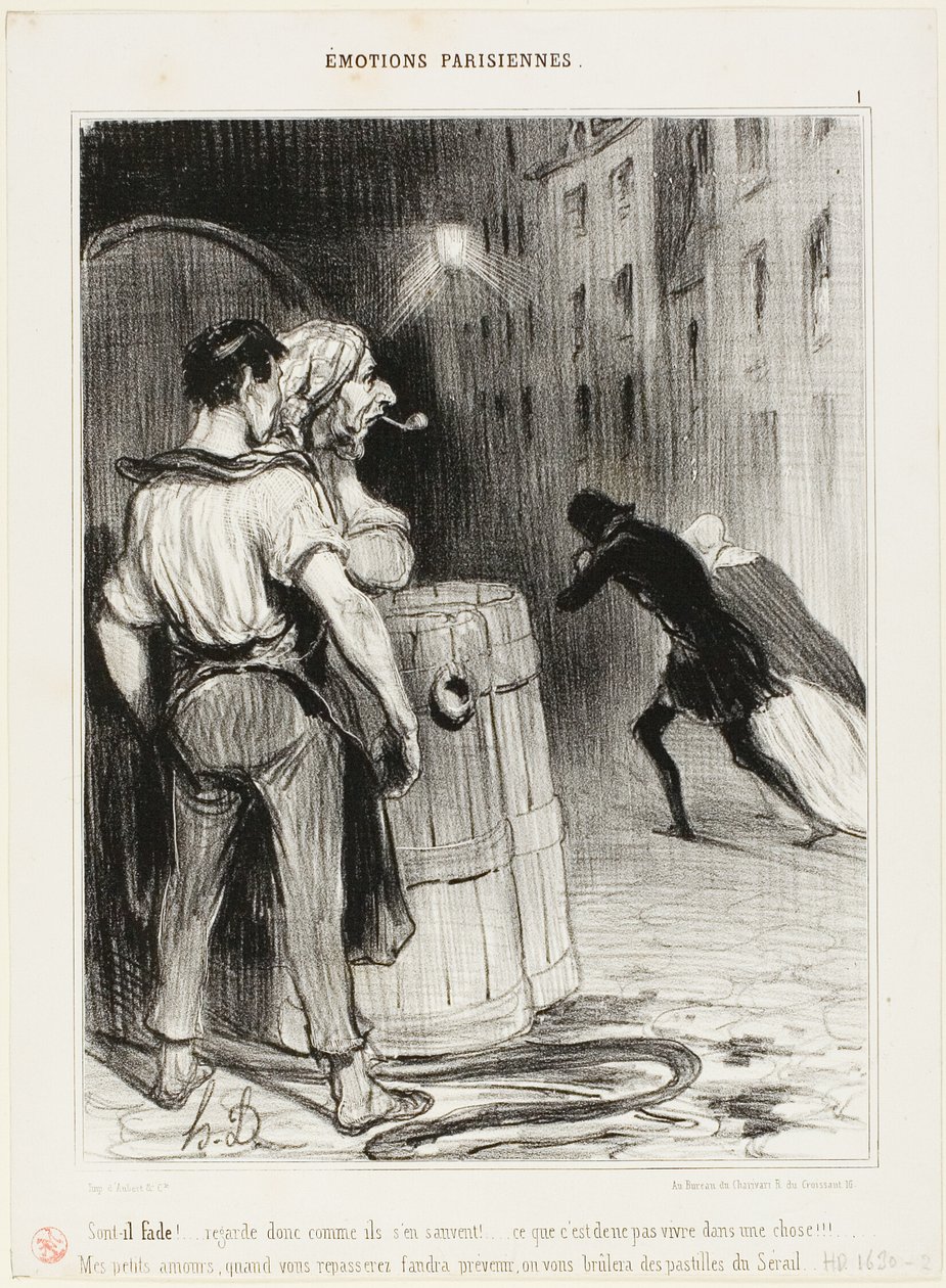 „Wie dumm! Schau nur, wie sie rennen. Das passiert, wenn man am falschen Ort ist. Wartet nur! Nächstes Mal sagt uns vorher Bescheid und wir kümmern uns gut um euch...“, Platte 1 aus Émotions Parisiennes von Honoré Victorin Daumier