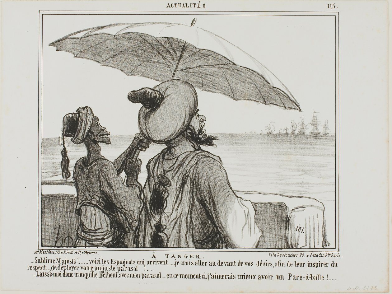 In Tanger. „- Erhabene Majestät... die Spanier kommen... um sie zu erschrecken, habe ich mir die Freiheit genommen, Ihren Regenschirm vollständig zu öffnen als Zeichen Ihrer Größe! - Lass mich in Ruhe mit meinem Regenschirm, Belboul... ich hätte lieber ein von Honoré Victorin Daumier