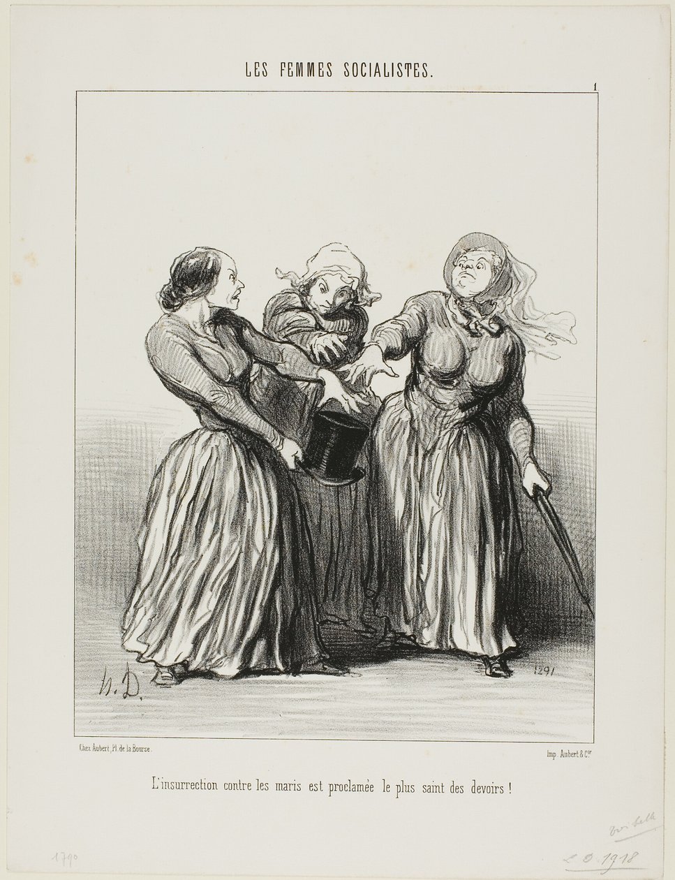Aufstand gegen Ehemänner wird als erste und heiligste Pflicht im Leben verkündet!, Platte 1 aus Les Femmes Socialistes von Honoré Victorin Daumier