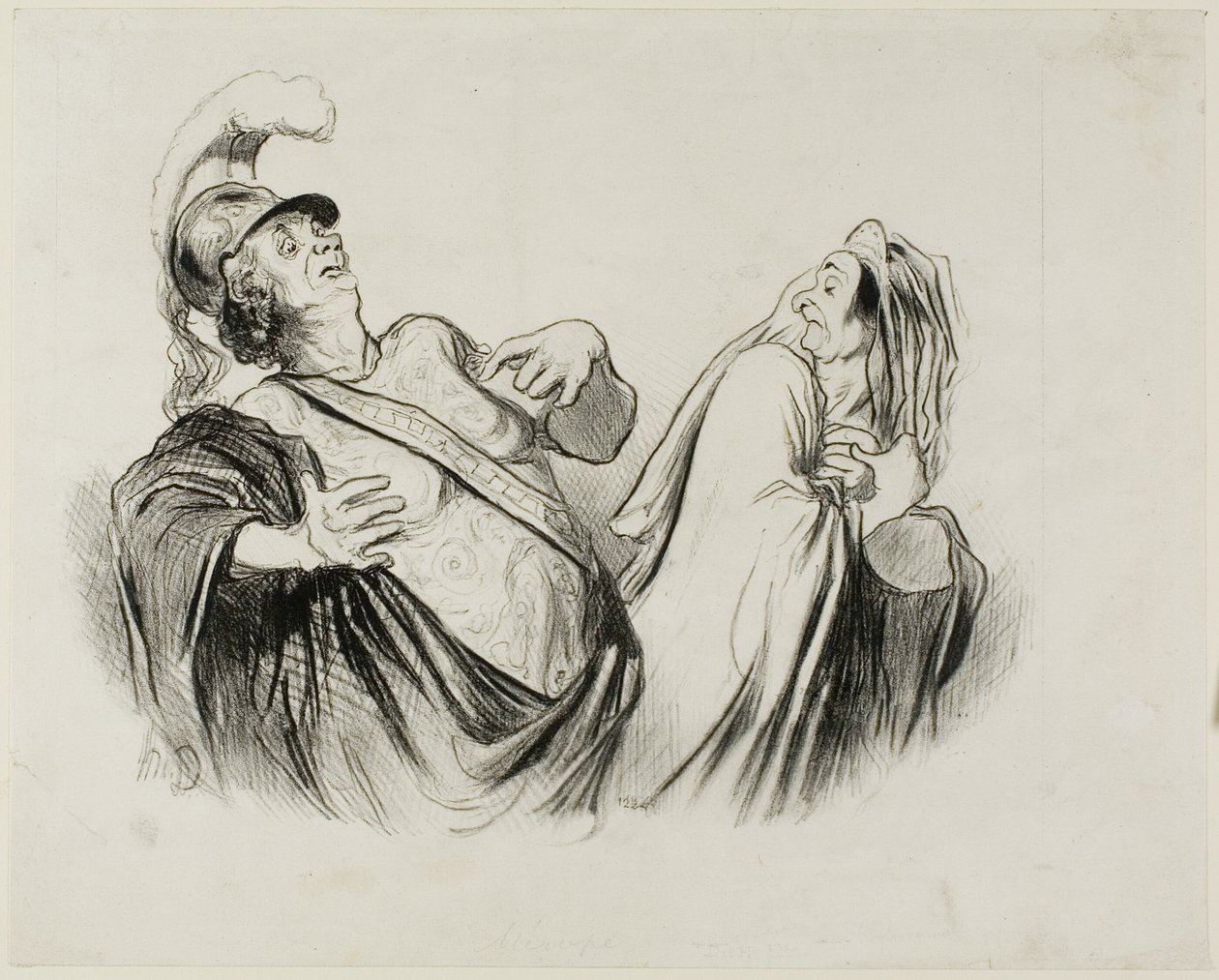 Merope. „Ein Soldat meiner Statur ist durchaus in der Lage, den Staat zu führen, der einst mit so viel Spaß verteidigt wurde“, Platte 2 aus Physionomies Tragiques (recto); Provost. (dans le Puff - Théâtre Français) "Le Puff, est l