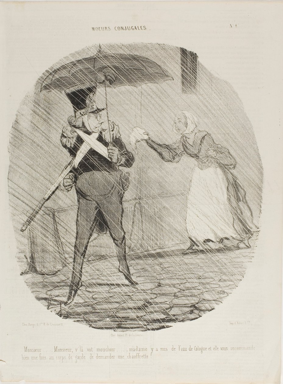 „Monsieur, Monsieur, hier ist Ihr Taschentuch. Madame hat etwas Eau de Cologne darauf getan und sie sagte, Sie sollten beim Wächter nach einem Fußwärmer fragen,“ Tafel 47 aus Moeurs Conjugales von Honoré Victorin Daumier