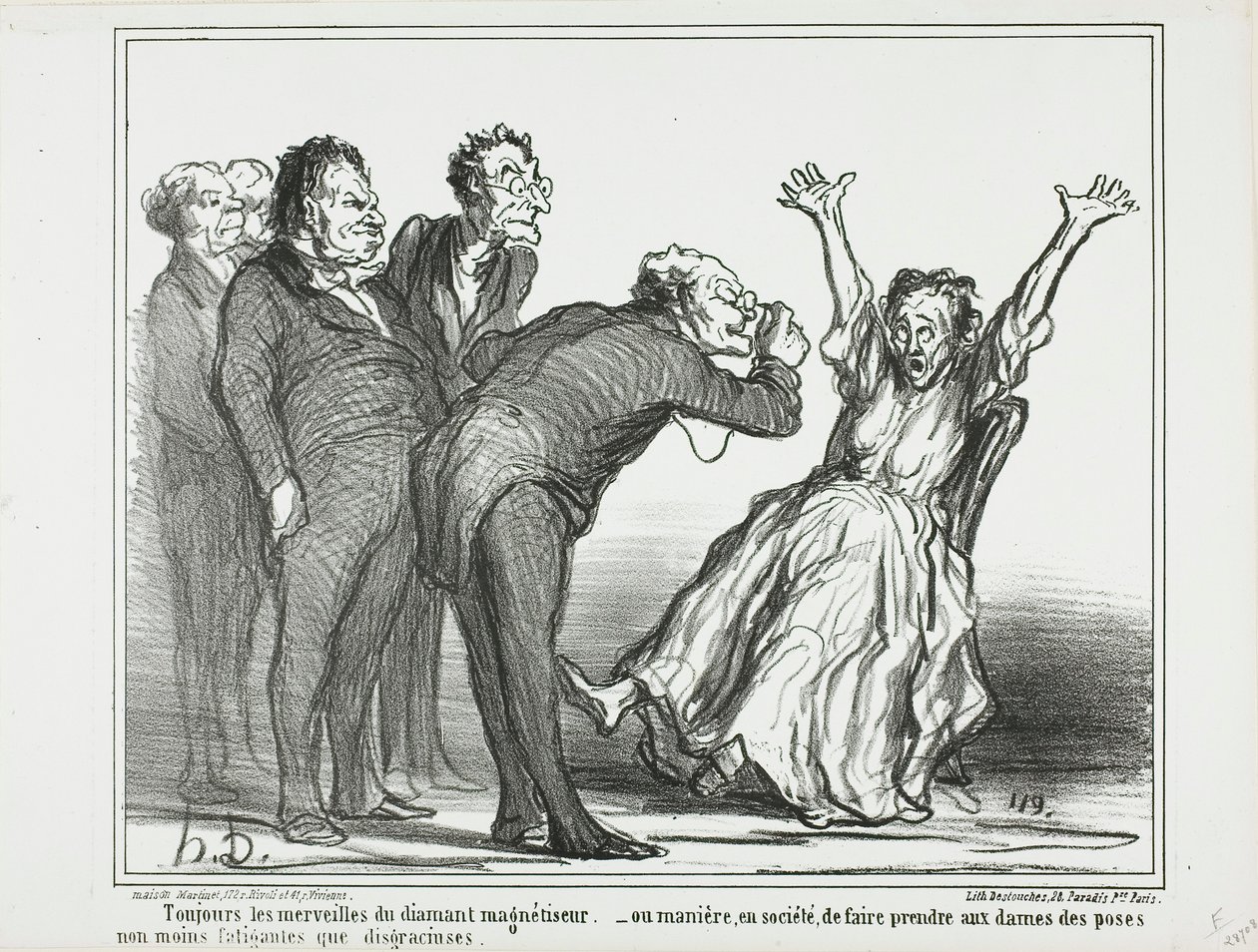 Weitere Wunder des Diamanthypnotiseurs. Oder, wie man die Damen in der Gesellschaft in erschöpfenden und nicht sehr anmutigen Positionen posieren lässt, Platte 137 aus Actualités von Honoré Victorin Daumier