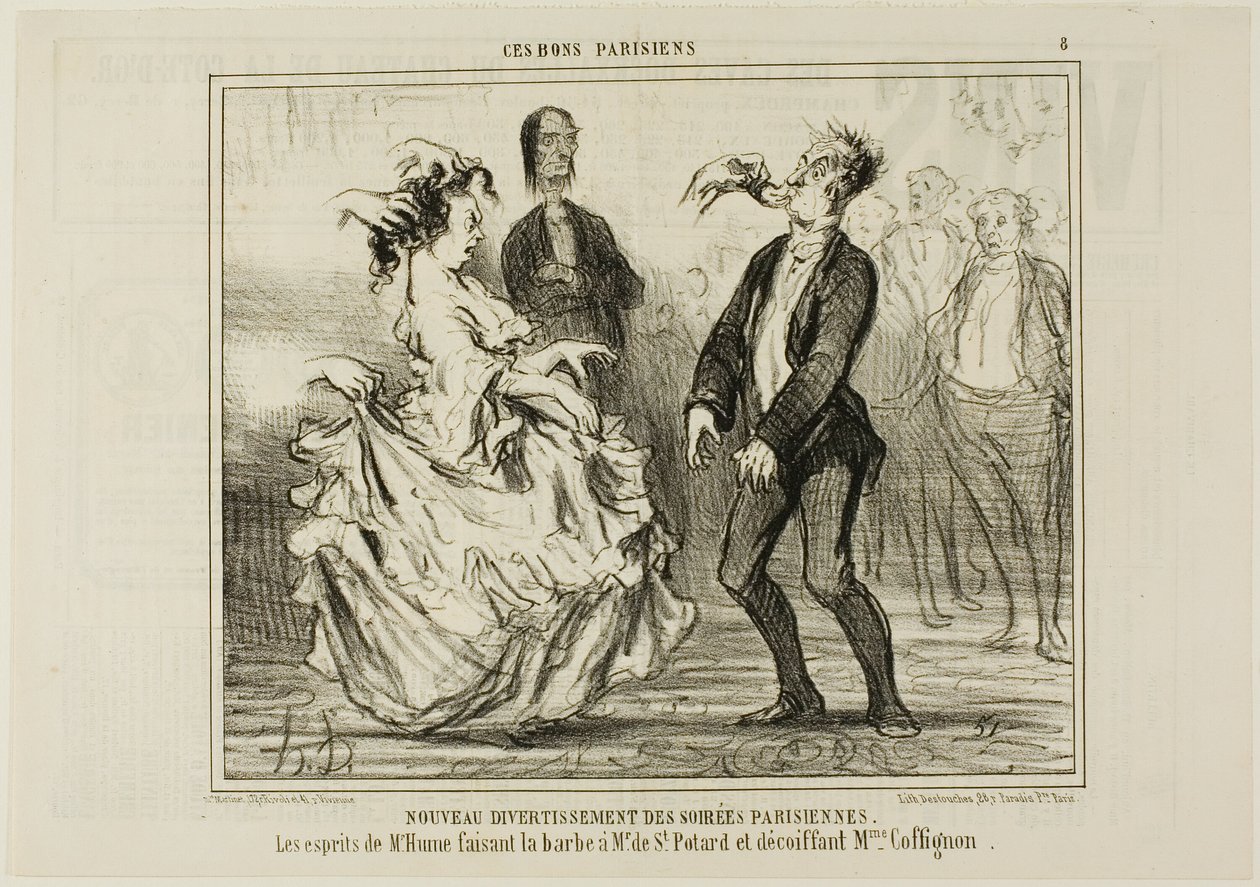 Neue Unterhaltung bei den Pariser Abendgesellschaften. Der Geist von Herrn Hume rasiert den Bart von Monsieur de St. Potard und löst das Haar von Madame Coffignon, Tafel 8 aus Ces Bons Parisiens von Honoré Victorin Daumier