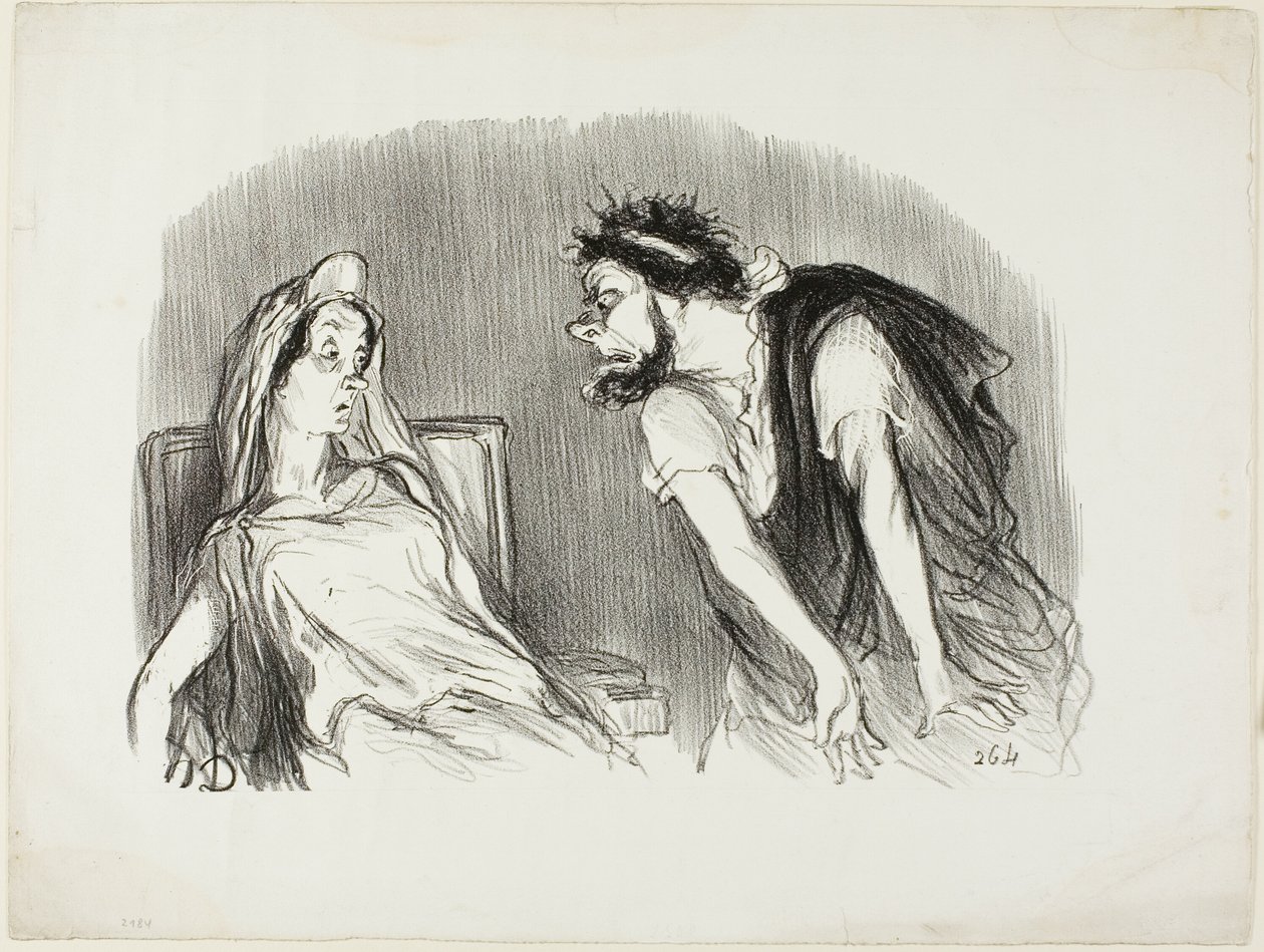 Ödipus. „- Als mein Schwert in sein blutendes Herz schnitt - Sie zittern, Madame - Da brach die Welt zusammen,“ Tafel zehn aus Physionomies tragiques von Honoré Victorin Daumier