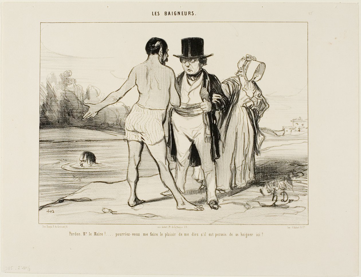 „Entschuldigen Sie, Herr Bürgermeister... wären Sie so freundlich, mir zu sagen, ob Schwimmen hier erlaubt ist?“, Platte 25 aus Les Baigneurs von Honoré Victorin Daumier
