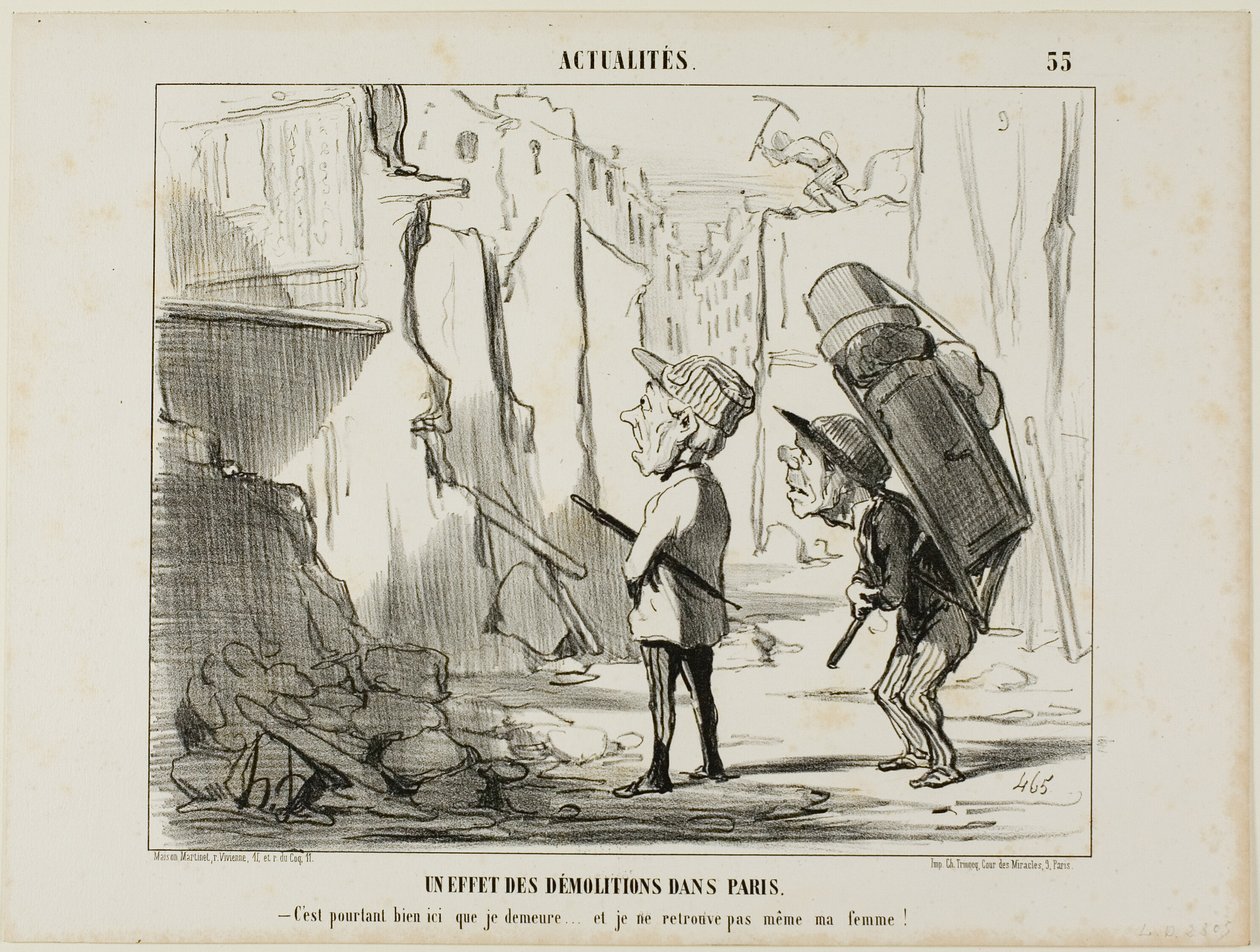Ergebnis des Abrisses von Gebäuden in Paris. „- Nach all dem habe ich hier gewohnt... und ich kann nicht einmal mehr meine Frau finden,“ Platte 55 aus Actualités von Honoré Victorin Daumier